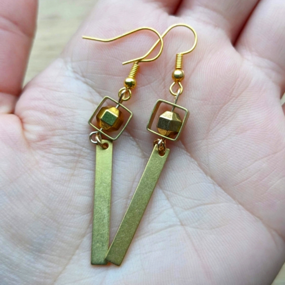 Square and Rectangle Bronze Earrings with Geometric Metal Bead